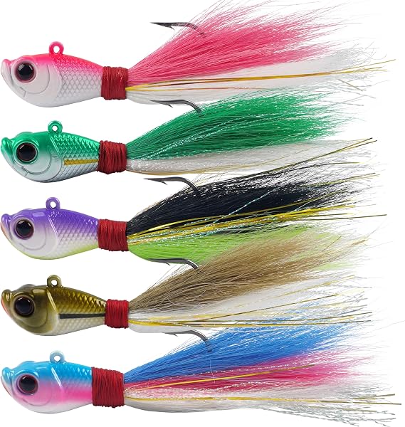 Bucktail Jigs Saltwater Fishing Lures Surf Bucktail Hair Fishing Jigs Swimbait Jig Heads for Freshwater Saltwater Bass Flounder Striper Bluefish Halibut Redfish