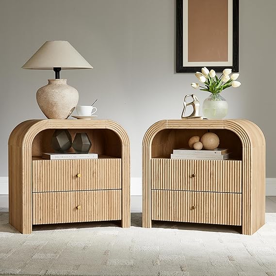 T4TREAM 24" Fluted Nightstand Set of 2, Large 2 Drawers Bedside Table with Charging Station, Modern End Table with Storage Night Stand for Bedroom, Living Room, Round Curved Corner Design, Natural Oak