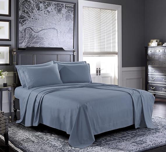 Pure Bedding Bed Sheets - Queen Sheet Set [4-Piece, Ash Blue] - Hotel Luxury 1800 Brushed Microfiber - Soft and Breathable - Deep Pocket Fitted Sheet, Flat Sheet, Pillow Cases