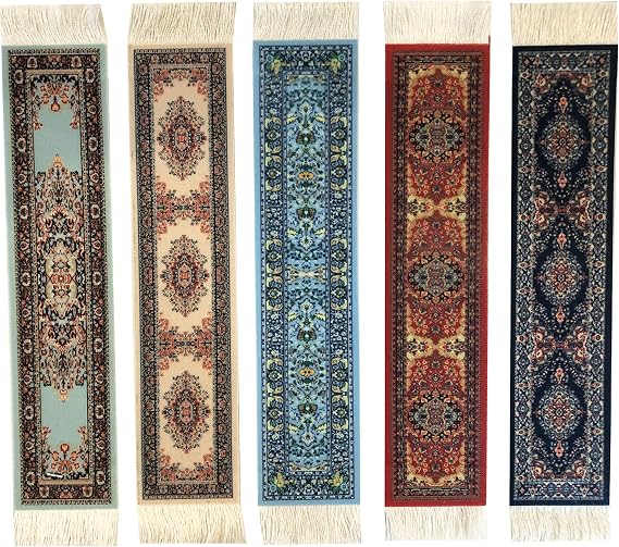 Set of 5 Rug Bookmarks, Colorful Carpet Book Marks for Reading, Miniature Oriental Style Design, Novelty Office Accessories