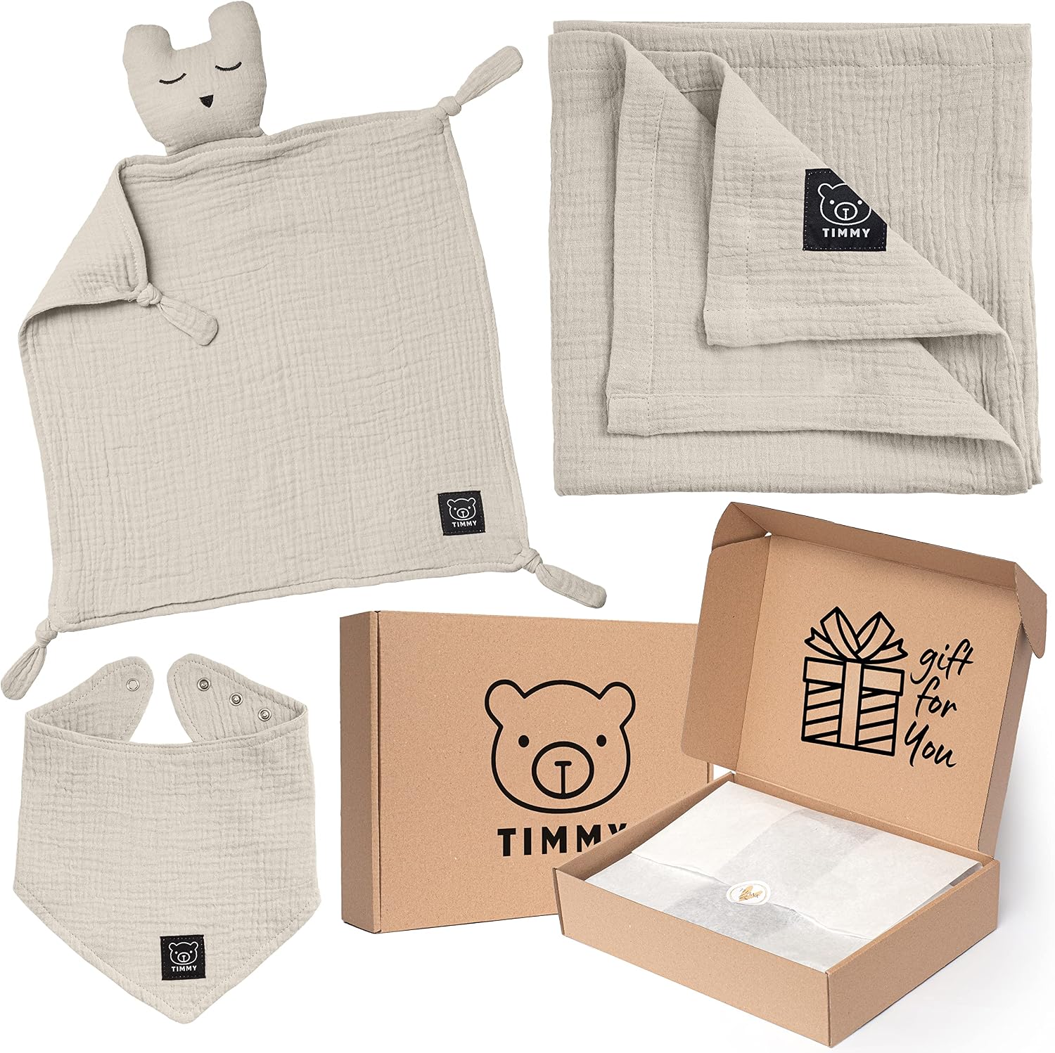 TIMMY Baby Gift for Birth Girl &amp; Boy 100% Organic Cotton Muslin Comfort Blanket, Bib Baby Shower Beautiful Gift Set for Newborns Beige