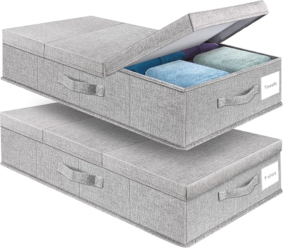 Supowin Underbed Storage Containers Bin with Lids (Set of 2) Large Under Bed Storage Organizer Box with Handle, Blankets, Pillows-Grey