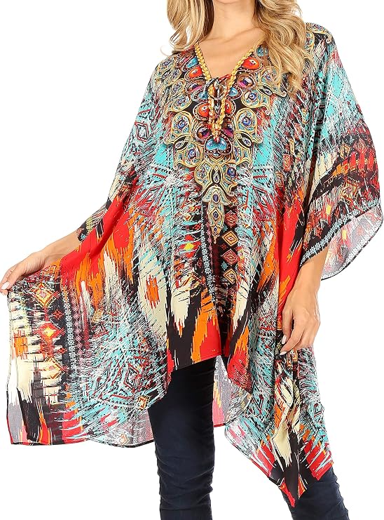 Sakkas Aymee Women's Caftan Poncho Cover up V Neck Top Lace up with Rhinestone