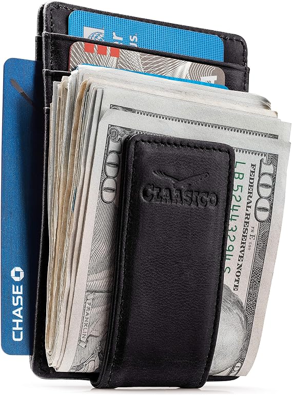 Claasico Mens Leather Money Clip Wallet Slim Front Pocket Wallet w/Super Strong Magnetic Clip, RFID Blocking, 5 Card Slots & Center Pocket + ID Window
