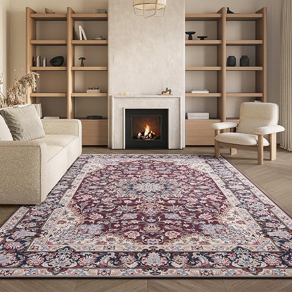 SAFAVIEH Washable Rug Tucson Collection - 9' x 12', Red & Navy, Slip Resistant & Easy to Clean, Ideal for Living Room, Bedroom, Dining Space (TSN135Q)